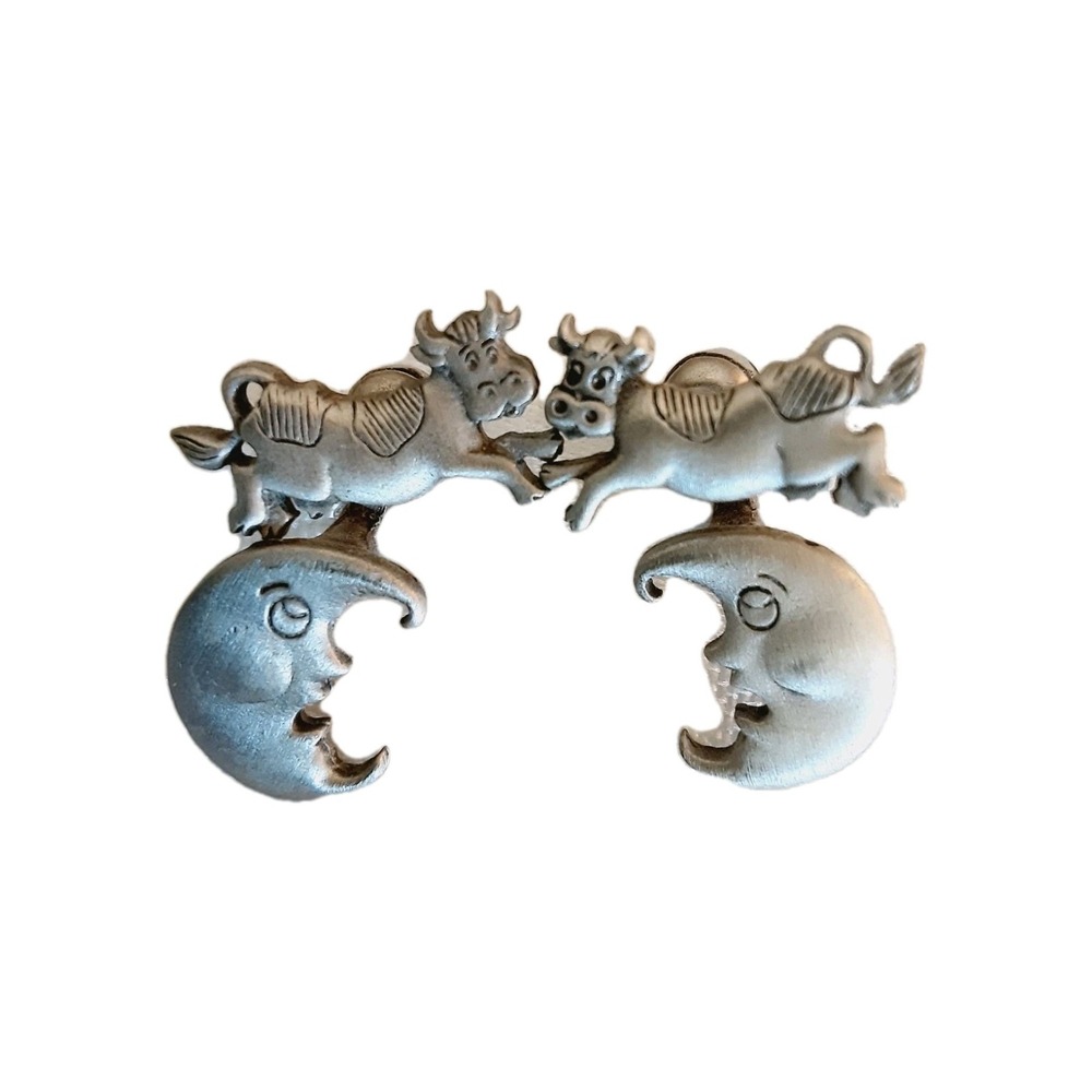 Vtg Earrings JJ Jonette Cow Jumped Over The Moon Pierced Pewter Nursery Rhymes
